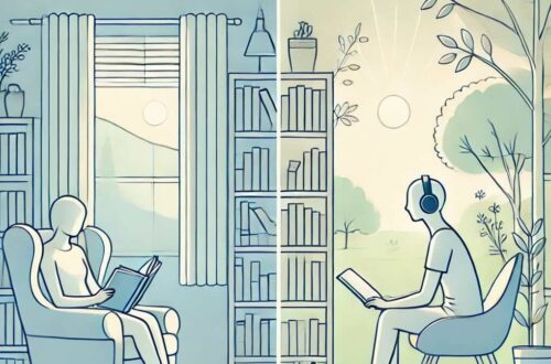 Illustration pour débat entre lire et écouter un audiobook