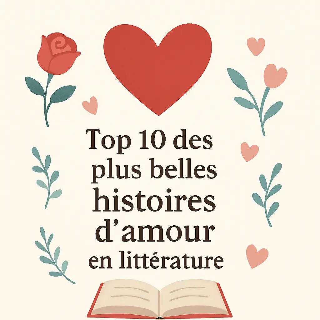 Illustration simple et romantique mentionnant le titre Top 10 des plus belles histoire d'amour en littérature